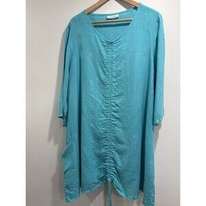 Bryn Walker Sz XL Drawstring Light Turquoise 100%  Linen Tunic 3/4 Sleeve